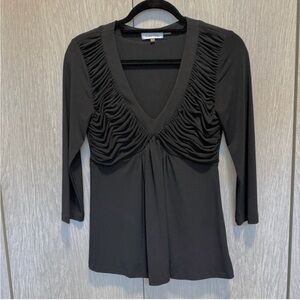 Calvin Klein Black Ruched V-Neck Blouse, Size Small